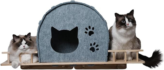 Wall Mounted Cat Shelf Bed ??Large Felt Cat Furniture with Dual Entrances & Solid Wood Base, Floating Perch for Indoor Cats, Wall Shelves & Modern Furniture,Gray