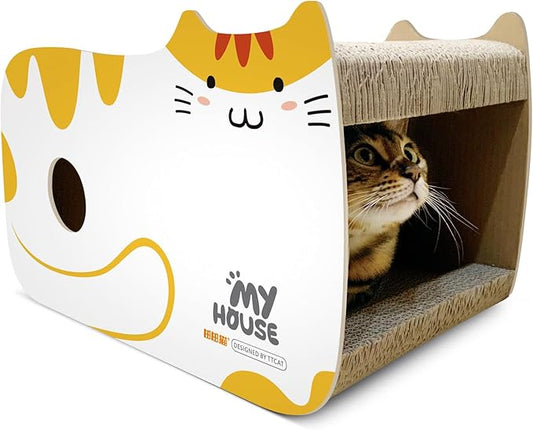 TTCAT Cute Kawaii Cat House Cat Scratching Pad Corrugated Cardboard Cat Scratcher Lounge, Durable Cat Scratching Board for Furniture Protection.Yellow+White