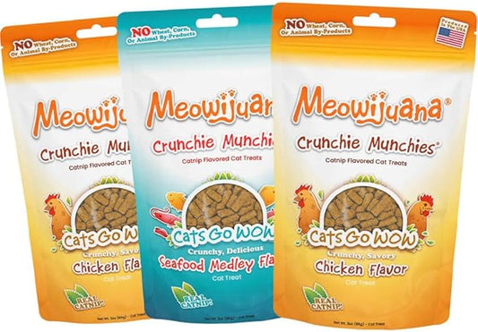 Meowijuana Crunchie Munchie Catnip Treats Bundle | 2 Chicken and 1 Seafood Medley | Made with Organic Catnip | Produced in The USA | Low Calorie Cat Snack