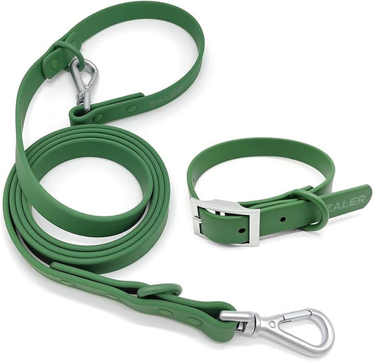 ZALER Dog Collar and Leash Set, Waterproof Adjustable Odor Proof Pet Collars Leashes Easy to Clean, 6FT Dog Leash with 2 Hooks for Large, Medium Small Dogs (M, Green)