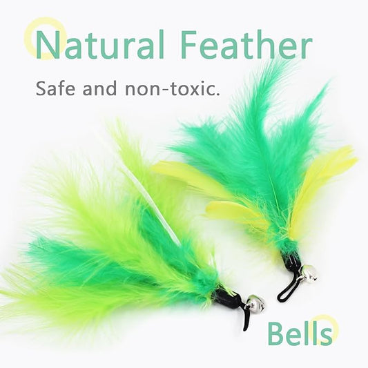 SONGWAY Cat Feather Toys Wand - 7 Pcs Interactive Cat Toys for Indoor Cats Kittens, Retractable Cat Wand with 6 Feather Teaser Refills with Bell, Cats Fishing Pole Toy, Green