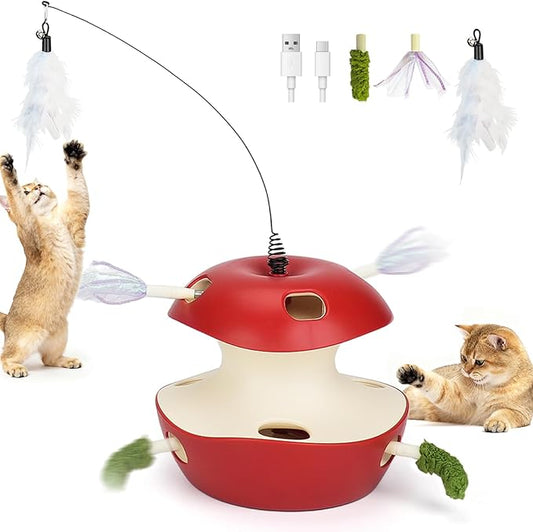 Joytale Interactive Cat Toys for Indoor Cats, Apple-Shaped Whack A Mole Electric Self Play Toy Automatic, 2-Level with 10 Holes, Smart Sensor, Feather Teaser, Rechargeable for Kitten Adult, Red