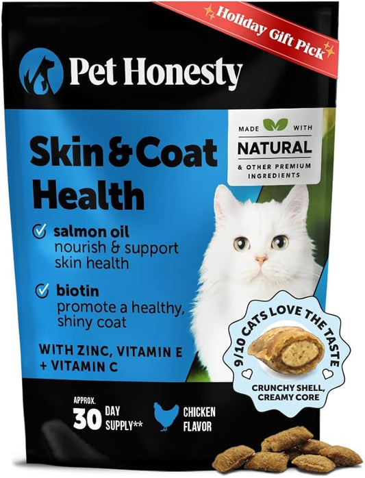 Cat Skin & Coat Health Chews ??Crunchy & Creamy Treats with Omegas, Vitamin C & E, Biotin ??Soothes Itchy, Dry Skin, Reduces Shedding & Promotes a Shiny Coat ??Cat Vitamins (Chicken 30-Day Supply)