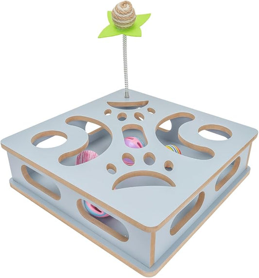 Interactive Wooden Cat Puzzle Toy Box Indoor Hunting Play Toy to Stimulate Your Cat?™s Energy and Instincts (Blue)