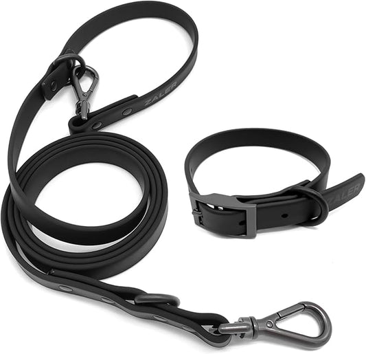 ZALER Dog Collar and Leash Set, Waterproof Adjustable Odor Proof Pet Collars Leashes Easy to Clean, 6FT Dog Leash with 2 Hooks for Large, Medium Small Dogs (XL, Black)