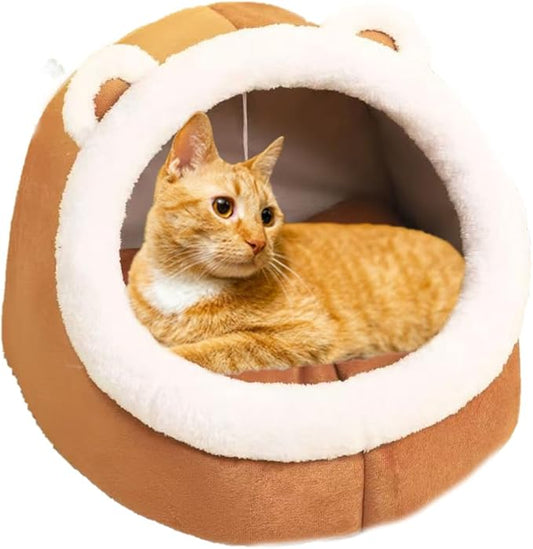 Cat Bed Cave for Indoor Cats Soft Plush Premium Cotton Pet Bed with Removable Washable Cushioned Pillow Roomy Bear Design Brownfor Large Cats & Small Dogs，L Halloween