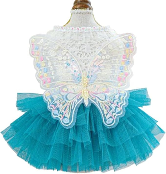 ANIAC Butterfly Dog Dress with Blue Tutu Funny Dog Clothes with Wing Girl Puppy Dress for Small Dogs Pet Butterfly Costume Holiday Cat Outfit for Halloween Birthday Wedding (Lake Blue, Large)