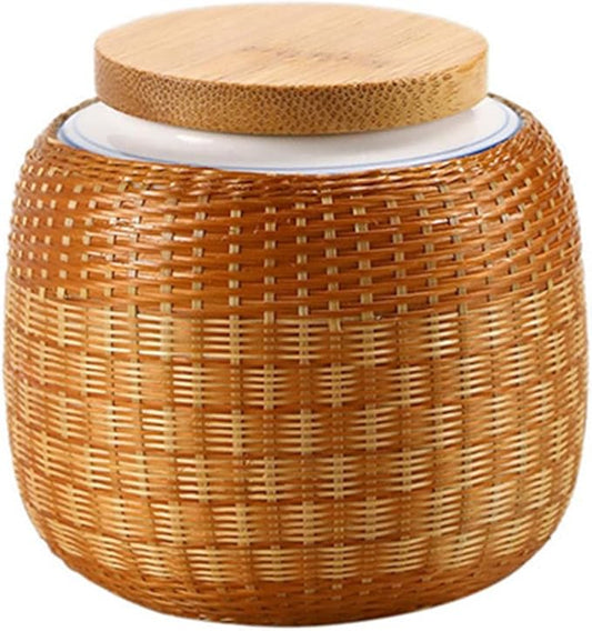 Bamboo-Woven Surface Ceramic Pet Urn ??Small Dog and Cat Urns for Ashes, 2.7''×3.1'' Strong Sealing Cremation Keepsake for Fur Baby Memorial and Home Display