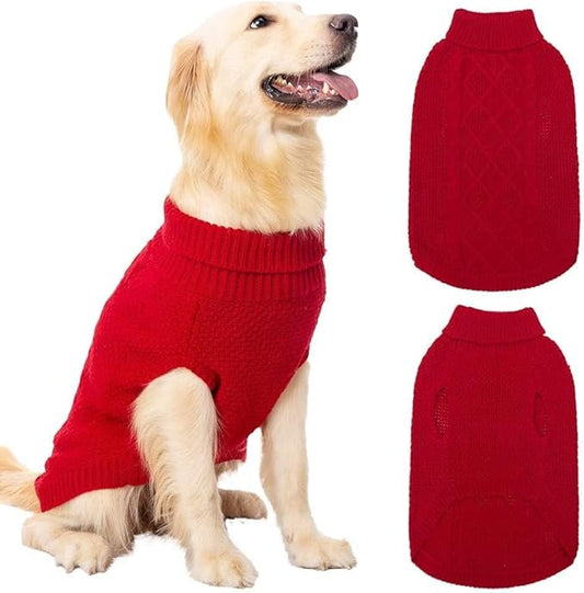 Mihachi Turtleneck Dog Sweater - Winter Coat Apparel Classic Cable Knit Clothes with Leash Hole for Cold Weather, Ideal Gift for Pet in New Year Red X-Large
