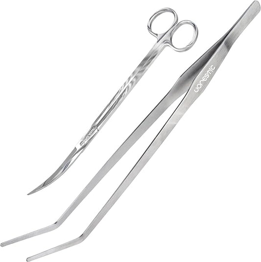 VORESTIC 2PCS 15" Curved Aquarium Tweezers Long and 9.8" Aquarium Scissors, Feeding Tongs and Scissors with Protective Cap, Stainless Steel Aquascaping Tools for Plant Trimming and Reptile Feeding