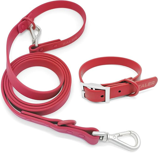 ZALER Dog Collar and Leash Set, Waterproof Adjustable Odor Proof Pet Collars Leashes Easy to Clean, 6FT Dog Leash with 2 Hooks for Large, Medium Small Dogs (M, Red)