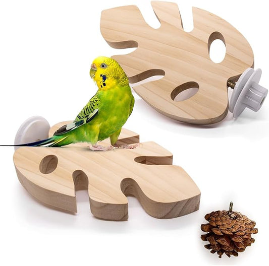Bird Perch Platform Stand Set of 2 (1 with Pine Cone) ??Flat Wooden Perches for Cage, Parrot & Cockatiel Toys, Natural Bird Cage Accessories for Resting & Nail Trimming Perch