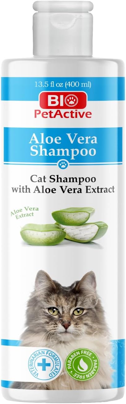 Bio PetActive Cat Shampoo with Natural Aloe Vera Extract | Itch Relief, Sensitive Skin & Coat Care ??Deshedding & Moisturizing Formula | Veterinary Formulated, Paraben Free, pH Balanced | 13.53 Fl Oz