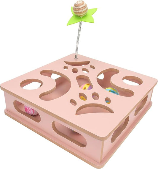 Interactive Wooden Cat Puzzle Toy Box Indoor Hunting Play Toy to Stimulate Your Cat?™s Energy and Instincts (Pink)