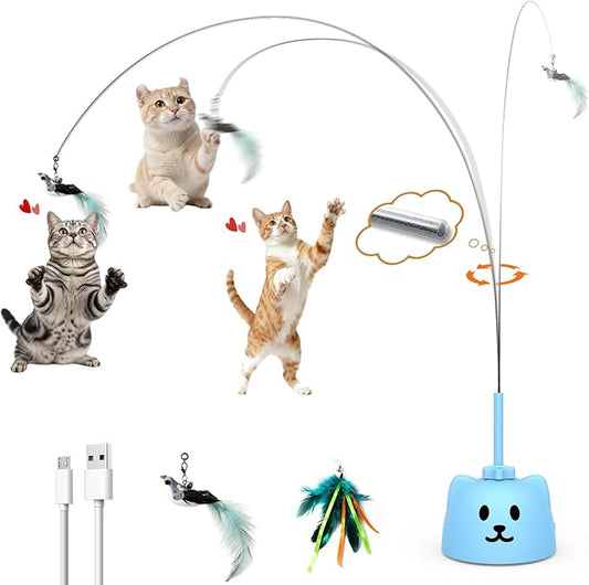 Interactive Cat Toys for Indoor Cats: Upgraded 360° Automatic Spin Flying Bird Feather Wand with Silicone Protected Rod Safe Play, Strong 8cm Suction Cup, USB-Rechargeable for Bored Kittens and Adult