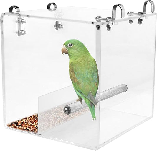 No Mess Bird Feeder for Cage - Automatic Bird Feeder Transparent Food Container Acrylic No Spill Cage Seed Catcher with Stainless Steel Hooks for Parrot Parakeet Cockatiels Lovebirds