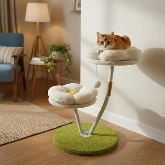 16" Daisy Flower Cat Tree Tower for Kittens and Small Cats ??2-Tier Sturdy Cat Condo with Steel Frame, Soft Plush Beds, Scratching Post & Toy, Cute Small Cats Furniture for Kittens, Green & White