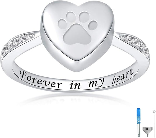 925 Sterling Silver Love Heart Urn Ring for pet Dog Cat's Ashes Keepsake Memorial Tiny Jewelry Forever in My Heart Paw Print Cremation Finger Rings