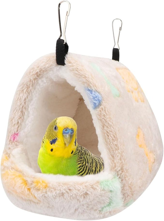 Hypeety Winter Warm Bird Nest Triangle Cotton Nest Warm and Thick Bird Shed Hut Plush Fluffy Parrot Hanging Hammock Bird Hideaway for Parrot Budgies Parakeets Cockatiels Conures Hamster (Brown, M)