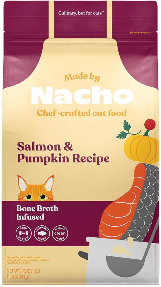 Made by Nacho Dry Cat Kibble 11lb Bag, High Protein and Grain-Friendly Premium Cat Food, Sustainably Caught Salmon and Pumpkin, Infused with Bone Broth for Hydration, Limited Ingredients, Single Bag
