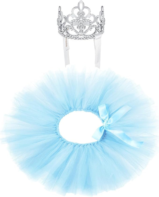 Hillban 2 Pcs Dog Crown Headband Dog Tutu Dress Set Crystal Rhinestone Tiara Crown Tutu Skirt Pet Dress Costume for Puppy Birthday Party Wedding Photo Prop Costume(Blue,X Large)