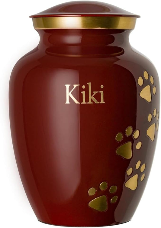 Pet Urn for Dogs and Cats with Personalized Laser Engraving, Ottillie Paws Premier Series Memorial Urns (X-Large Crimson with Vertical Brass Paws)