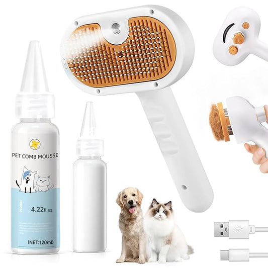 Steam Brush for Dog & Cat ??3-in-1 Pet Spray Hair Removal Comb ??Pet Grooming & Shedding Steam ??Includes Waterless Shampoo ??Water Brush for Long & Short Haired Pets ??Defur Spritz Comb