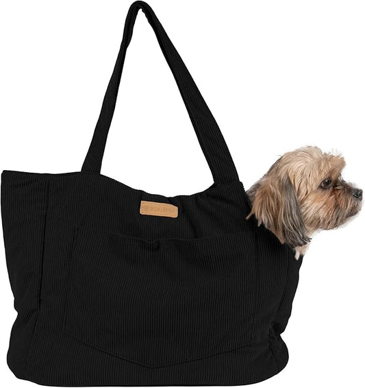 Corduroy Dog Carrier - Lightweight Cotton Soft-Sided Pet Tote with Safety Harness Clip - Breathable Travel Carrier for Small Dogs and Puppies (Black)