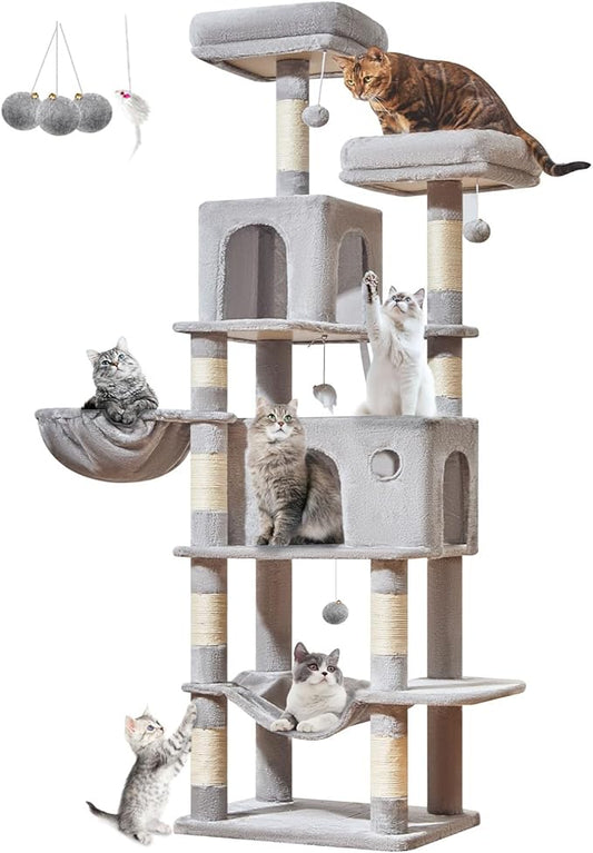 Taoqimiao Large Cat Treeï¼?3-Inch Cat Tree Tower with 9 Scratching Posts for Indoor Cats, 2 Large Cat Condo with Hammock, Hanging Basket, 2 Extended Platform, Light Gray MS013XLW