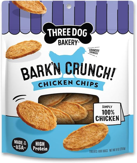 Three Dog Bakery Bark?™N Crunch! Chicken Chips, Medium 8oz, Crunchy Dog Treats, Single Ingredient, High Protein Snacks, Chicken Treats, Low Calorie Healthy Training Treat, Made in The USA