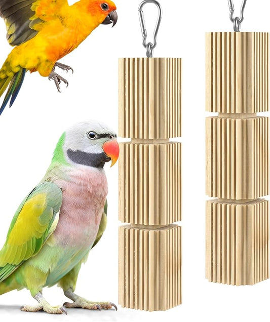 2 Pcs Bird Chew Toys, Natural Hanging Parrot Foraging Beak Grinding Wood Blocks, Birds Cage Accessories for Quaker, Caique, Conure, Cockatiel, African Grey