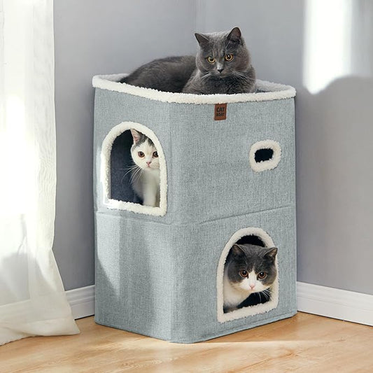 CATBOAT 2-Storey Cat House for Indoor Cats Bed, Covered Beds & Furniture with Scratch Pad and Hideaway Cave, Cute Modern Condo for Multi Small Pet Large Kitten Kitty, Light Grey