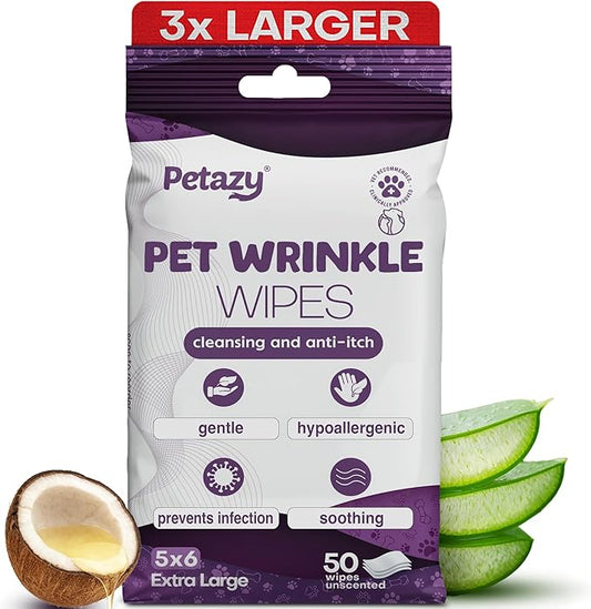 Wrinkle Wipes for Dogs 50 Count 5x6 | 3X Larger Dog Face Wipes for French Bulldog and Pug - Cleans Skin Folds, Tear Stains, Tail Pockets | Anti-Itch, Soothing & Hypoallergenic with Coconut Oil