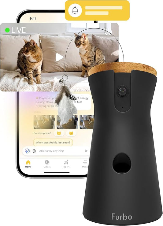 Furbo 360° Cat Camera - Unlock Camera & Smart Features w/Paid Plan: Home Security & Pet Safety Alerts, Rotating Treat Dispenser w/Speaker, Smart Cam w/Phone App (Subscription Required, 3mo Minimum)
