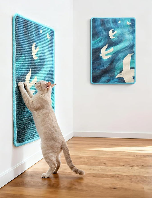 3-in-1 Sisal Cat Scratcher Mat 23.6x15.7'' Protects Carpet Couch & Furniture with Sticker Tape, Floor & Wall Cat Scratching Pad, Anti-Slip, Durable for Indoor Outdoor Cats (Blue Skyward)