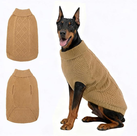 Mihachi Turtleneck Dog Sweater - Winter Coat Apparel Classic Cable Knit Clothes with Leash Hole for Cold Weather, Ideal Gift for Pet in New Year Beige 2XL