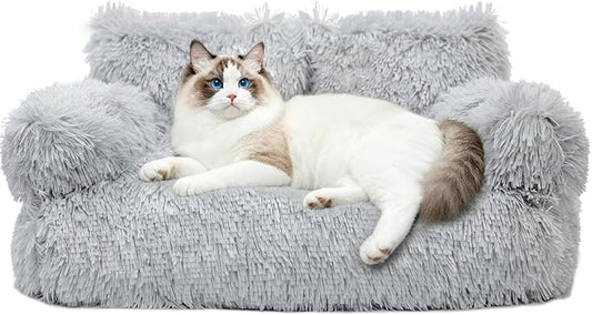 Cat Bed for Indoor Cats, Washable Pet Couch Furniture, Puppy Sleeping Nest Dog Sofa Bed for Medium Cat & Small Dogs, Plush Gray, 26" Lx18 Wx12 Th (for 20lbs Cats)