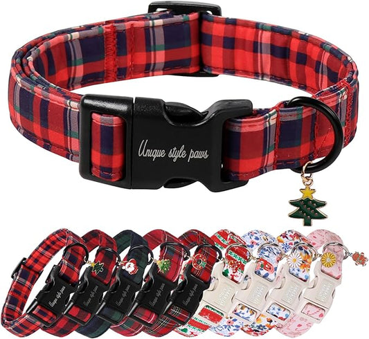 Unique Style Paws Christmas Dog Collar Plastic Buckle with Pendant Blue Purple Red Grid Cotton Puppy Collars for Small Medium Large Dogs