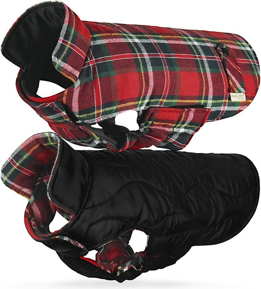 VIVAGLORY Softjoy Dog Coat, Dog Jacket for Winter & Christmas, Coat with Harness Hole & Velcro Closure, Reversible Plaid Checkered Warm Fluffy Heavy Duty for Puppy, XXS, Red