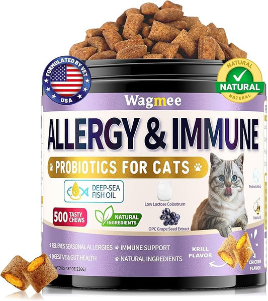Cat Allergy Relief for Cats with Probiotics & Fish Oil - 500 Crunchy & Creamy Chews for Itchy Skin, Seasonal Allergies, Immune, Skin & Coat Support - with Omega 3 for All Breeds & Ages - Krill Flavor