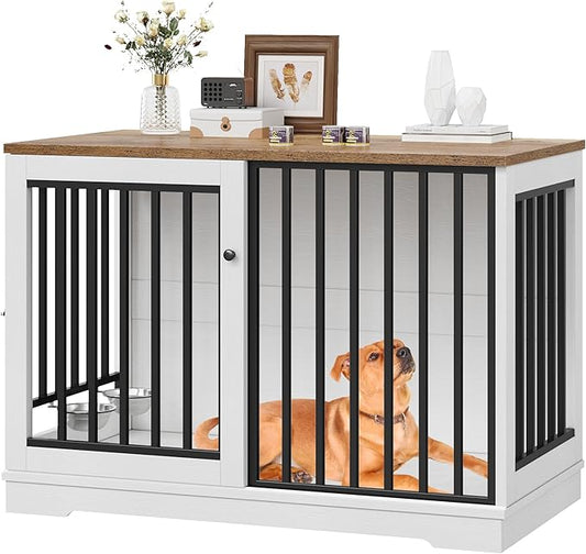 TTVIEW 47??Large Dog Crate Furniture, Heavy Duty Dog Kennel Indoor with Sliding Door and 2 Adjustable Bowls, Rustic Wooden Dog Cage Pet House for Large Dogs, End Table for Living Room, White
