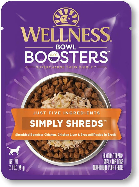 Wellness Bowl Boosters Simply Shreds Wet Dog Food Topper for Small, Medium, & Large Breeds, Grain Free, Natural, Chicken Liver & Broccoli, 2.8 Ounce Pouch (Pack of 12)