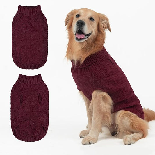 Mihachi Turtleneck Dog Sweater - Winter Coat Apparel Classic Cable Knit Clothes with Leash Hole for Cold Weather, Ideal Gift for Pet in New Year Wine Red X-Large