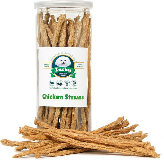 Chicken Jerky Straws Dog Treats ??Chicken Sticks for Dogs Made and Sourced in The USA ??Natural Single Ingredient Dehydrated Crunchy Treats for All Breeds ??7oz Jar