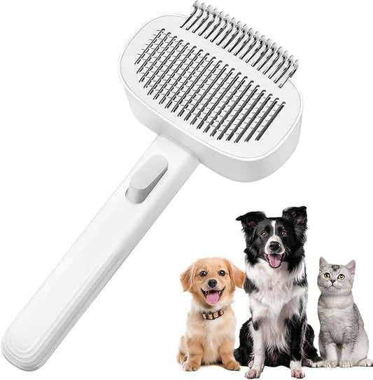 Cat Brush - 2-in-1 Cat Deshedding Brush & Dematting Comb for Long Haired Cats, Self Cleaning Slicker Brush Effectively Removes Matted Fur & Tangles, White