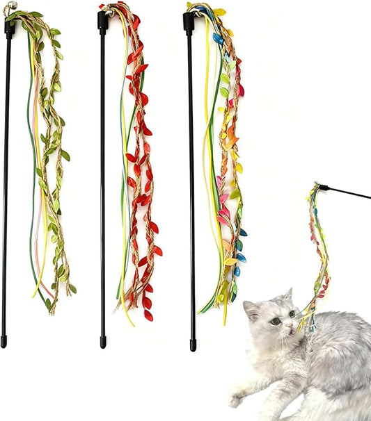 IUHKBH Cat Wands, 3 PCS Colorful Teaser Toy Handcrafted Jungle Wicker Kitten Wands Interactive Cat Toy for Indoor Cats Enrichment, Safe Kitty Toy for All Breed Sizes