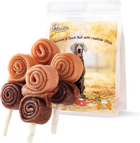 Triple Flavor Dog Treats Chicken Duck Rawhide Lollipops, Long Lasting Rawhide Sticks Dog Chews in Fun Shape, High Protein Healthy Chewy Training Snacks for Medium Large Dogs, 4 Counts, 10.6 oz