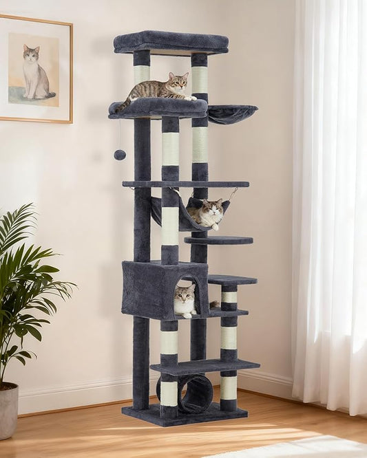 74" Large Cat Tree for Big Cats,Multi-Level Tower with Scratching Posts, Condo, Perches, Hammock, Tunnel & Feeding Station,Deep Gray
