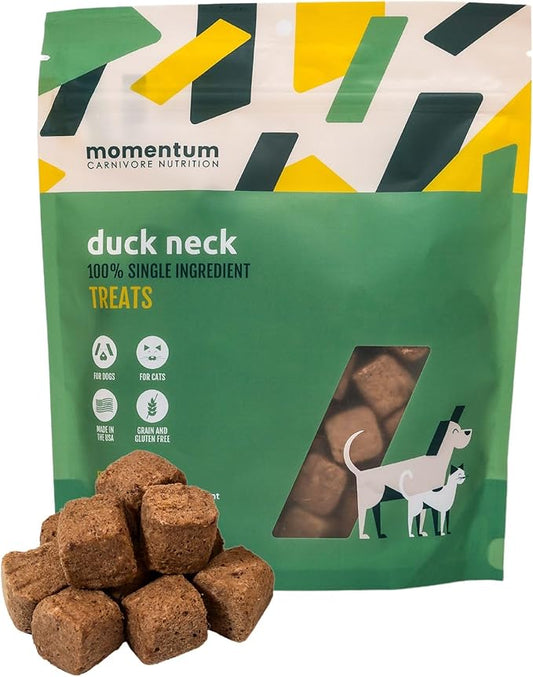 Momentum Carnivore Nutrition Freeze-Dried Duck Neck Dog Treats & Cat Treats ??Single-Ingredient, High-Protein, Grain-Free, Natural Crunchy Chew ??Made in USA ??3 oz Bag