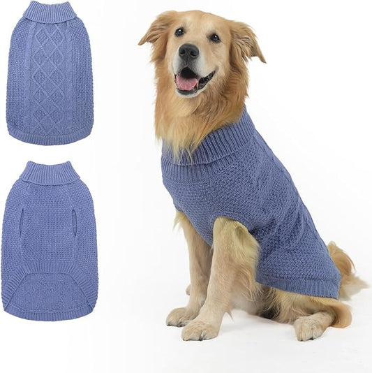 Mihachi Turtleneck Dog Sweater - Winter Coat Apparel Classic Cable Knit Clothes with Leash Hole for Cold Weather, Ideal Gift for Pet in New Year Grayish Blue M
